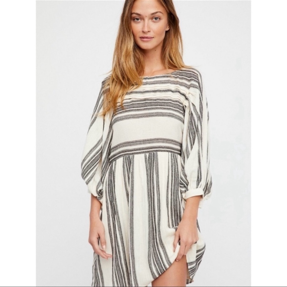 Free People Lilly Oversized Stripe Balloon Sleeve Mini Dress Women Small White
